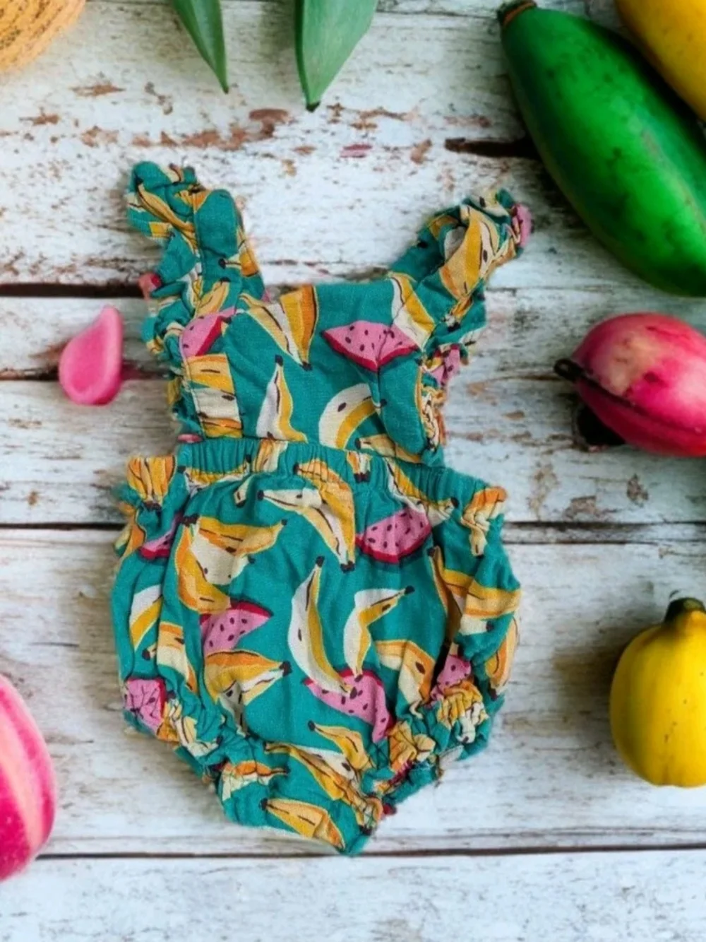 Old Navy Teal Fruit-Print Baby Romper with Pink & Yellow Accents Size 0/3 Months